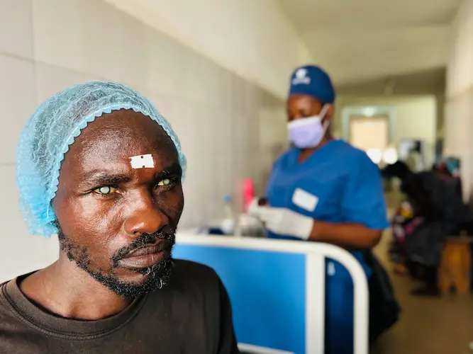 African man preparing for cataract surgery African man preparing for cataract surgery